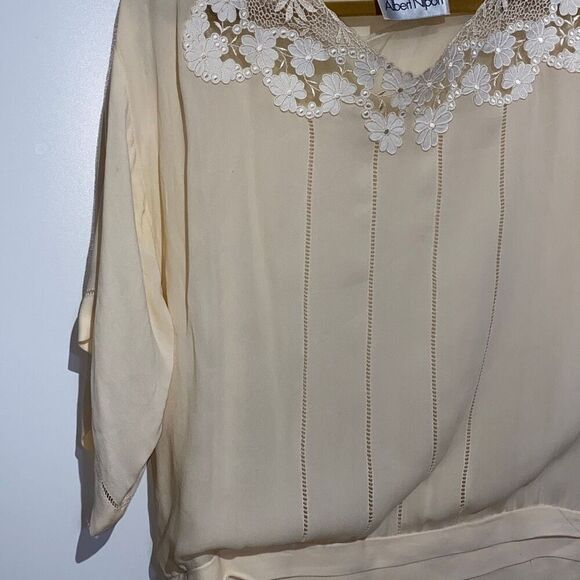 Albert Nipon Women's Cream Peated Detail Laced Floral Neck Midi Dress Size 10 - Picture 9 of 16